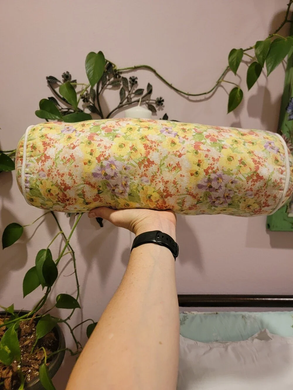 Floral Bolster Pillow in Yellow and Lavender – Decorative Home Bedding